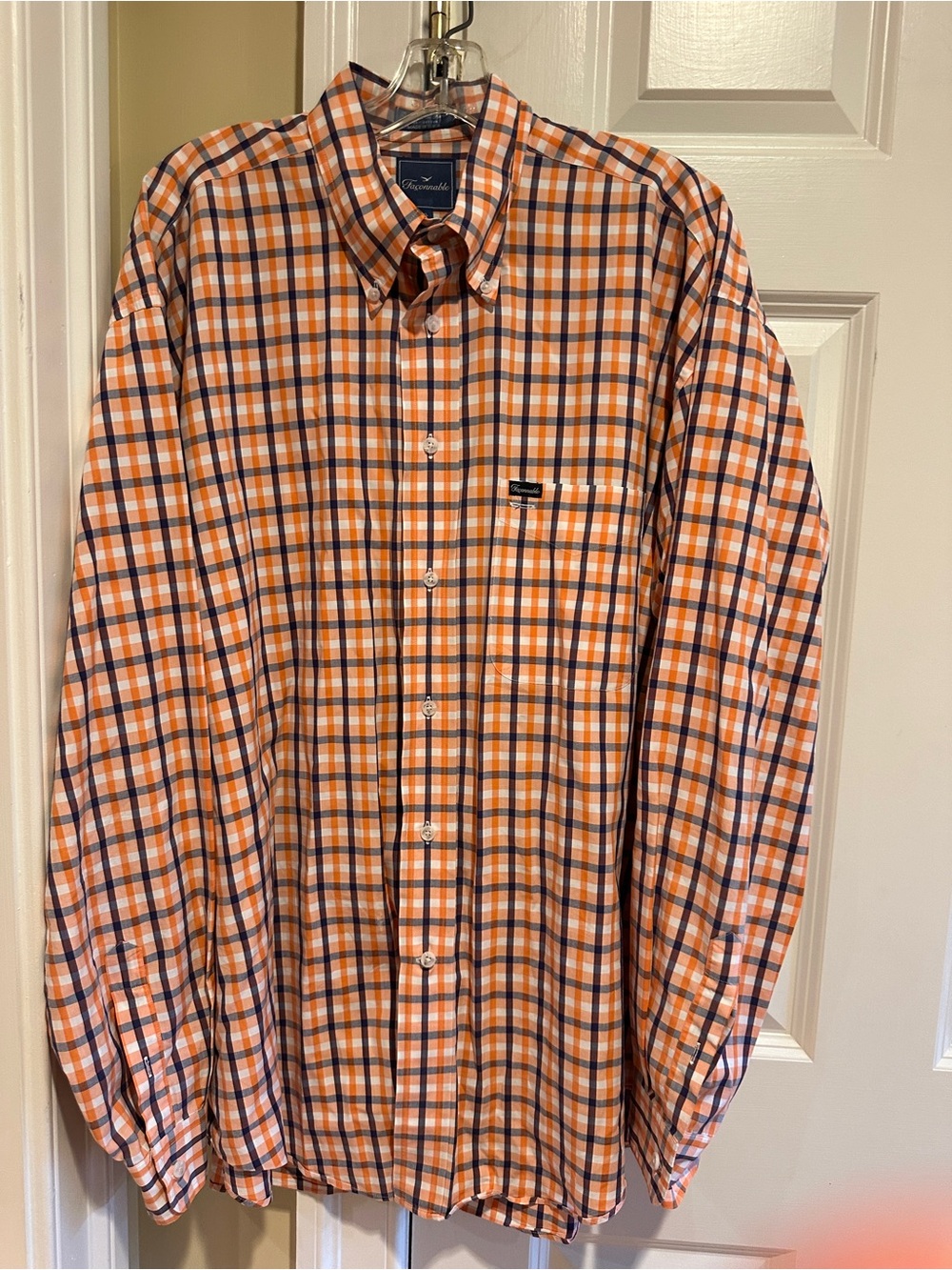 Façonnable Men’s XL Plaid Button Down Shirt Orange Navy Made in USA Cotton